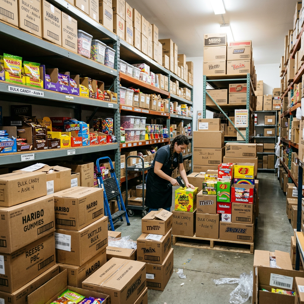Employee scanning candy boxes in a bulk candy warehouse aisle