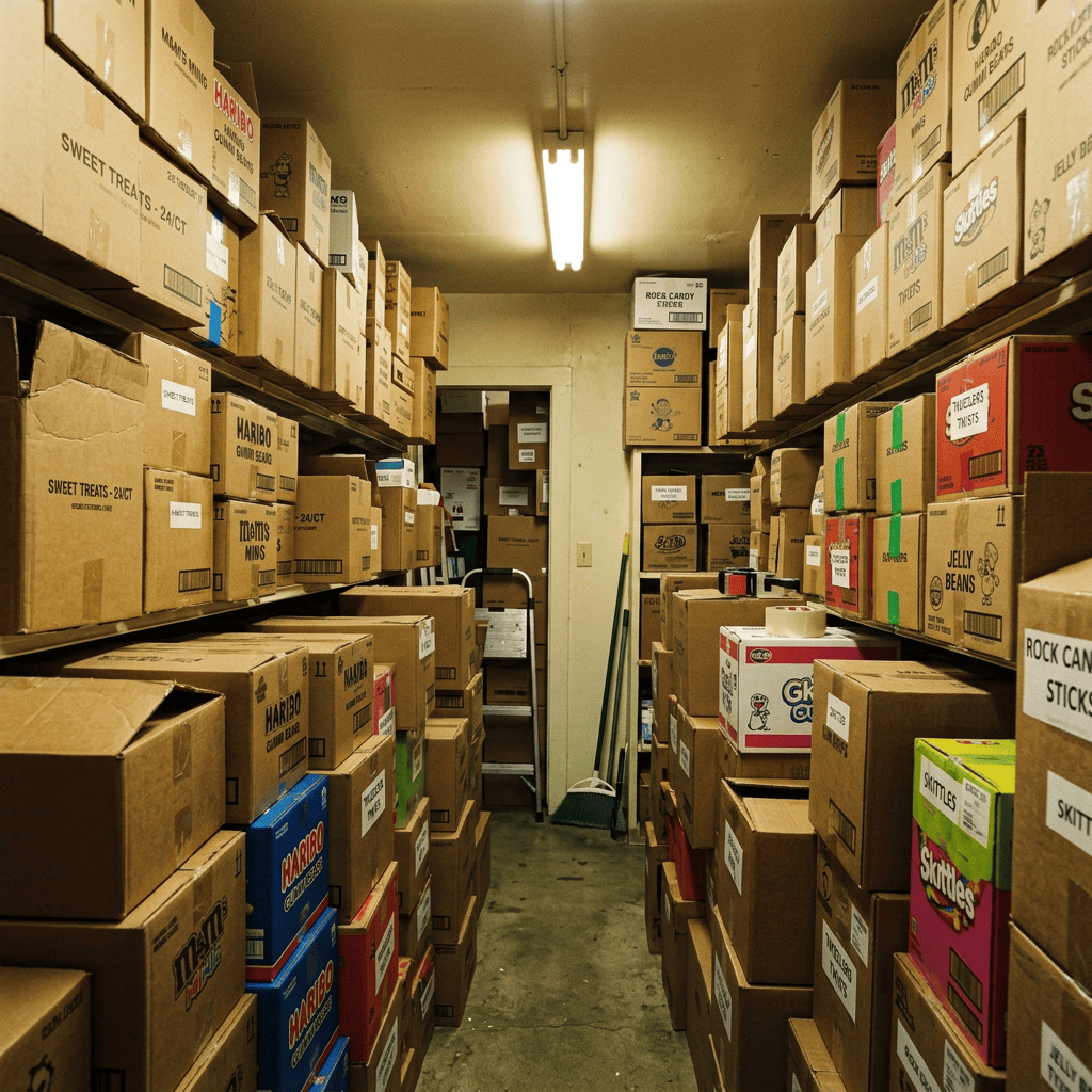 Narrow aisle with stacked cardboard boxes labeled with various candy brands and types