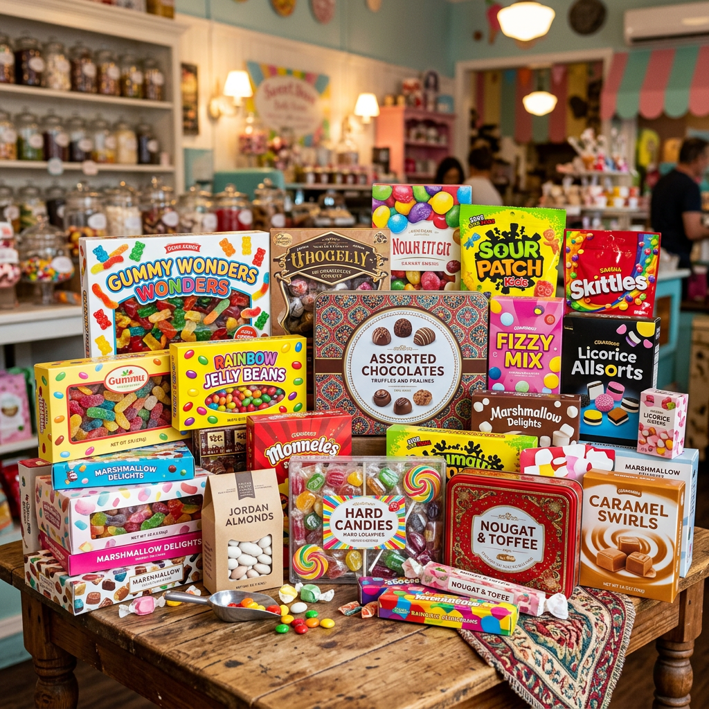 Colorful assortment of boxed candies and sweets displayed on a wooden table