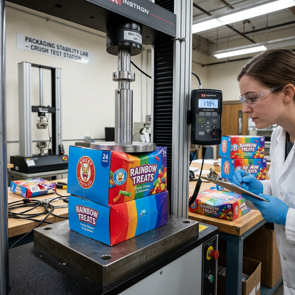 Technician testing stacked Rainbow Treats boxes with a compression machine