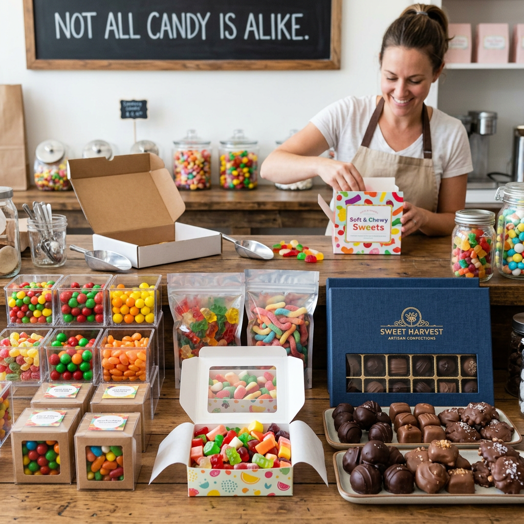 Candy maker packing colorful sweets in an artisan candy shop