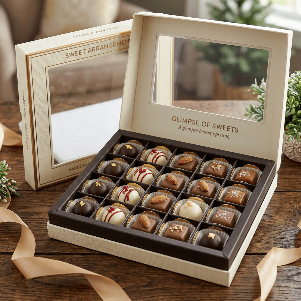 Open gift box displaying assorted decorated chocolates beside matching packaging