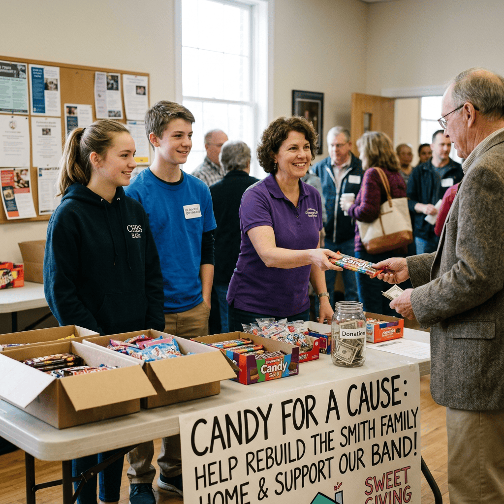 Volunteers sell candy; sign reads “CANDY FOR A CAUSE: HELP REBUILD THE SMITH FAMILY HOME & SUPPORT OUR BAND! SWEET SWING.”