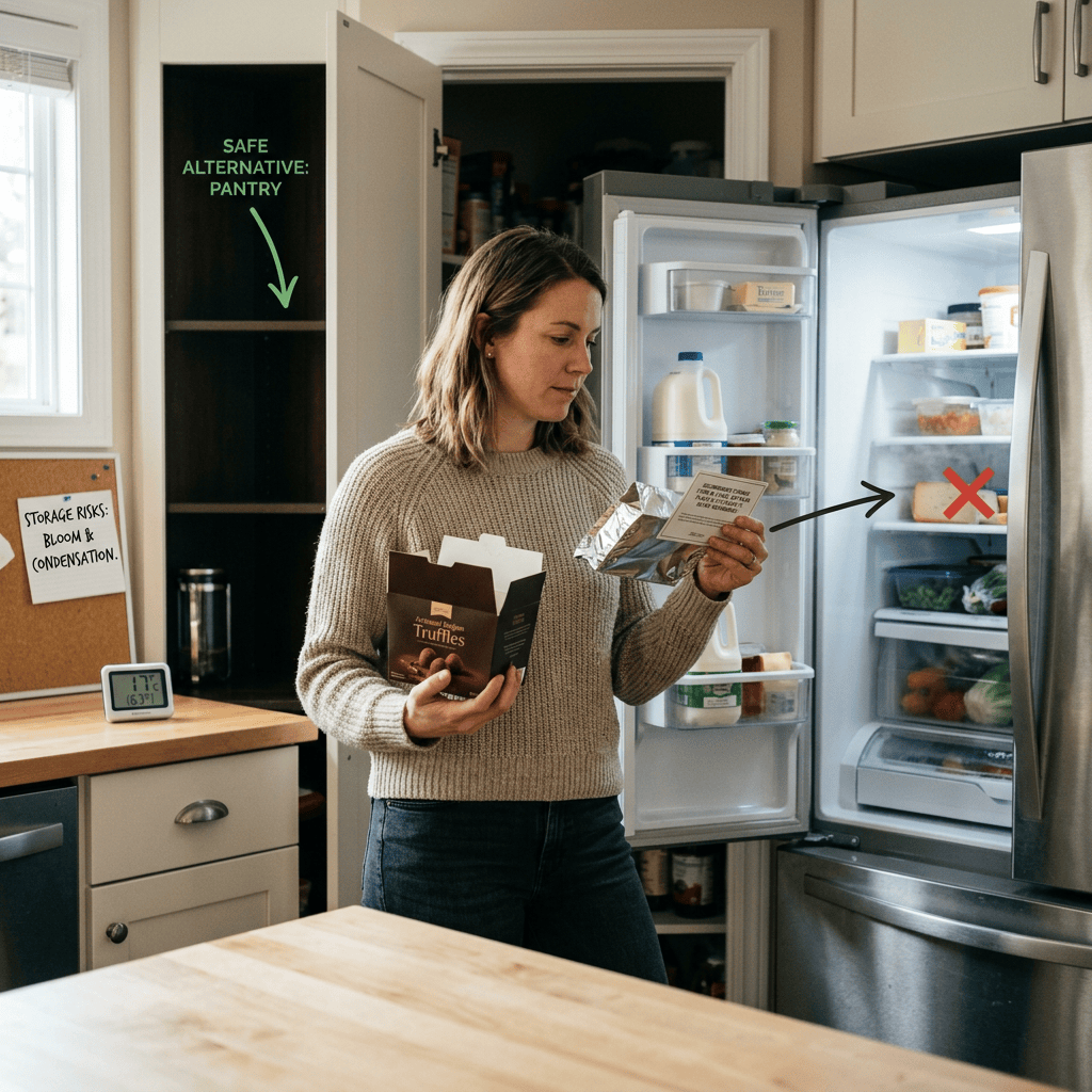 Woman holding truffles and packaged food beside open refrigerator; text reads “SAFE ALTERNATIVE: PANTRY” and “STORAGE RISK: BLOOM & CONDENSATION.”
