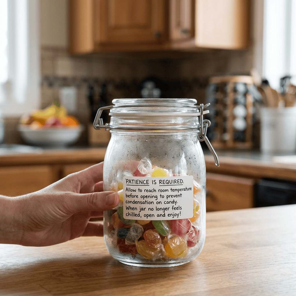 Hand holding candy jar labeled “PATIENCE IS REQUIRED. Allow to reach room temperature before opening to prevent condensation on candy. When jar no longer feels chilled, open and enjoy!”