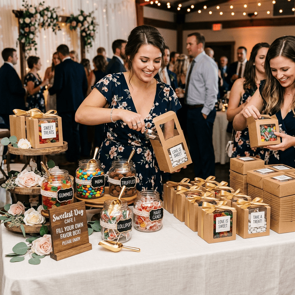 Guests fill favor boxes at a wedding candy bar labeled sweets and treats